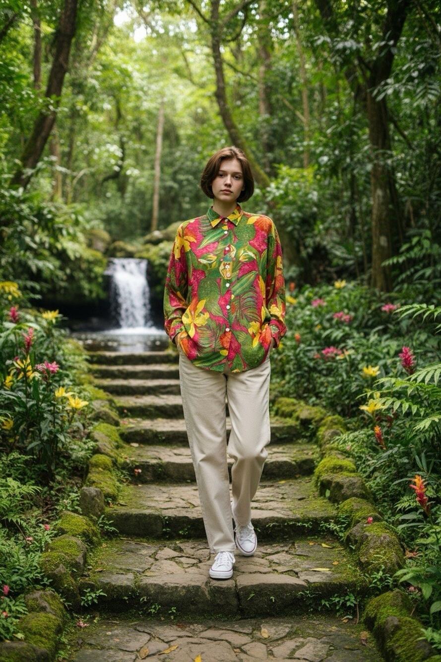 Vintage Karen Kane 8 Green Red Yellow Tropial Floral Rayon Button Up Tunic Top